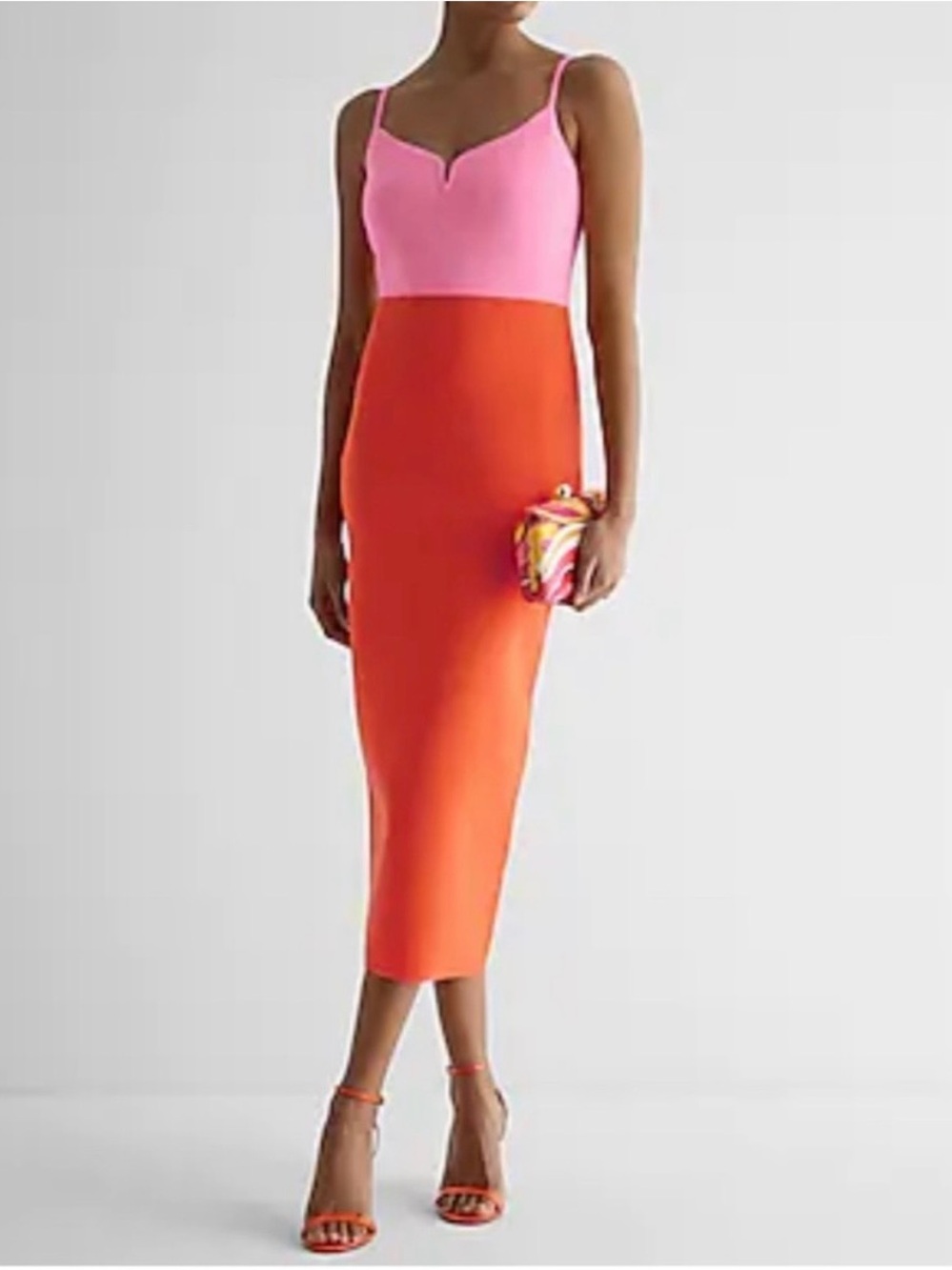 Express Pink and Orange Colorblock Midi Pencil Skirt